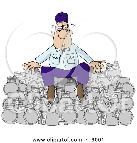 Overworked Repairman Sitting On a Pile of Broken Gas Meters Clipart Picture by djart
