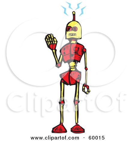 Royalty-Free (RF) Clipart Illustration of a Waving Red Toy Robot Receiving Electrical Waves by xunantunich