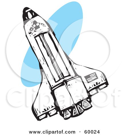 Royalty-Free (RF) Clipart Illustration of a Floating White Space Shuttle Over Blue And White by xunantunich