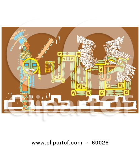 Royalty-Free (RF) Clipart Illustration of a Mayan Warrior With A Shield And Sword, Standing By A Brown Mural by xunantunich