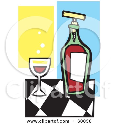 Royalty-Free (RF) Clipart Illustration of a Glass Of Red Wine By A Bottle On A Checkered Counter by xunantunich