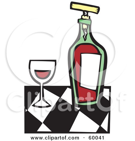 Royalty-Free (RF) Clipart Illustration of a Glass Of Red Wine By A Bottle On A Black And White Checkered Counter by xunantunich