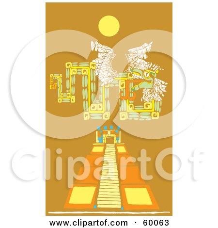 Royalty-Free (RF) Clipart Illustration of a Mayan Design Over A Pyramid Under The Sun, On Orange by xunantunich