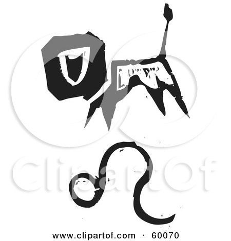 Royalty-Free (RF) Clipart Illustration of a Black And White Carved Leo And Zodiac Symbol by xunantunich
