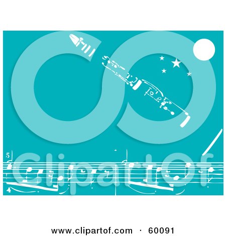 Royalty-Free (RF) Clipart Illustration of a White Clarinet Over Sheet Music With A Moon And Stars Over Teal by xunantunich