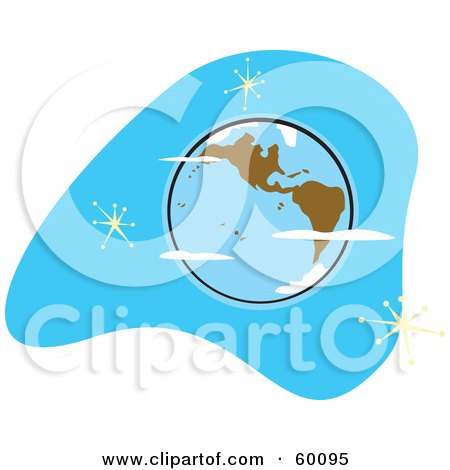 Royalty-Free (RF) Clipart Illustration of a Retro Planet Earth With Brown Continents On Blue With Stars by xunantunich