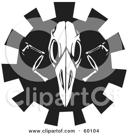 Royalty-Free (RF) Clipart Illustration of a Black And White Bird Skull Over A Gear by xunantunich