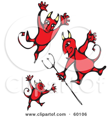 Royalty-Free (RF) Clipart Illustration of Three Evil Red Devils Dancing On White by xunantunich