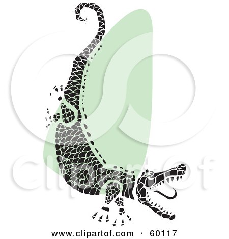 Royalty-Free (RF) Clipart Illustration of a Tribal Black Alligator Snapping Its Jaws Over Green And White by xunantunich