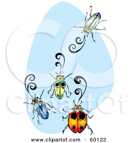 Royalty-Free (RF) Clipart Illustration of Four Colorful Beetles Over Blue And White by xunantunich