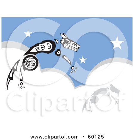 Royalty-Free (RF) Clipart Illustration of a Tribal Coyote Leaping Over Clouds And A Starry Sky by xunantunich