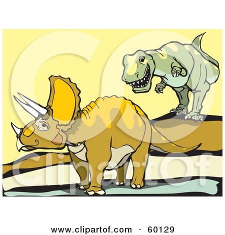 Royalty-Free (RF) Clipart Illustration of a Tyrannosaurus Rex Dinosaur Hunting A Triceratops by xunantunich