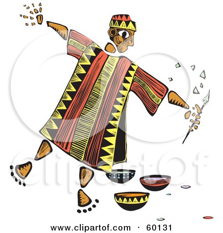 Royalty-Free (RF) Clipart Illustration of a Tribal Man Painter With A Brush And Bowls Of Paint by xunantunich