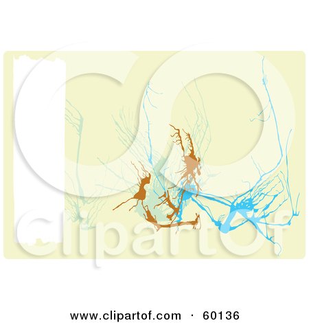 Royalty-Free (RF) Clipart Illustration of an Abstract Beige Pollack Inspired Background Of Blue And Brown Splats With A White Text Box by xunantunich