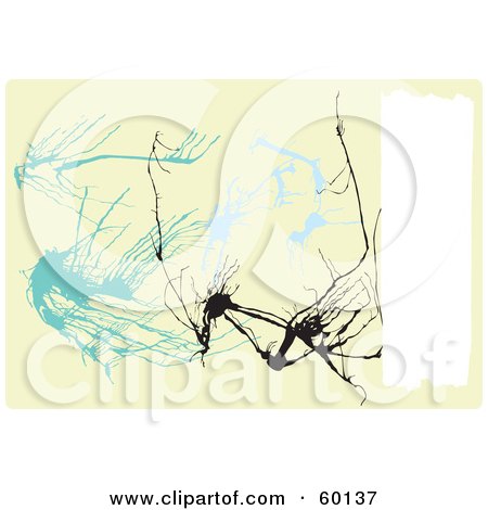 Royalty-Free (RF) Clipart Illustration of an Abstract Beige Pollack Inspired Background Of Blue And Black Splats With A White Text Box by xunantunich
