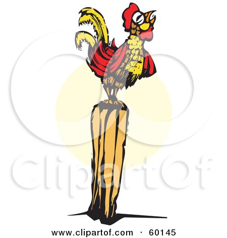 Royalty-Free (RF) Clipart Illustration of a Crowing Rooster On A Post by xunantunich