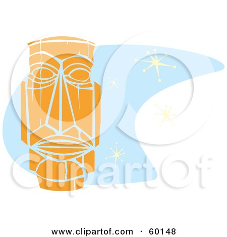 Royalty-Free (RF) Clipart Illustration of an Orange Tiki Carving In Retro Style, Over Blue With Stars by xunantunich