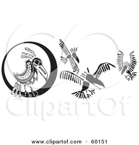 Royalty-Free (RF) Clipart Illustration of Black And White Tribal Ravens Flying By A Full Moon by xunantunich