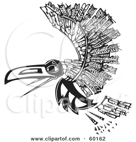 Royalty-Free (RF) Clipart Illustration of a Black And White Tribal Raven Flying by xunantunich