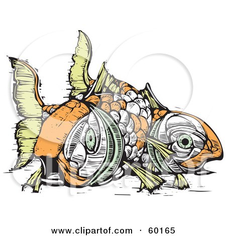 Royalty-Free (RF) Clipart Illustration of Two Dead Orange And Green Koi Fish by xunantunich