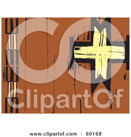 Royalty-Free (RF) Clipart Illustration of a Tribal Native Wood Carved Mural With A Yellow Cross On Brown by xunantunich
