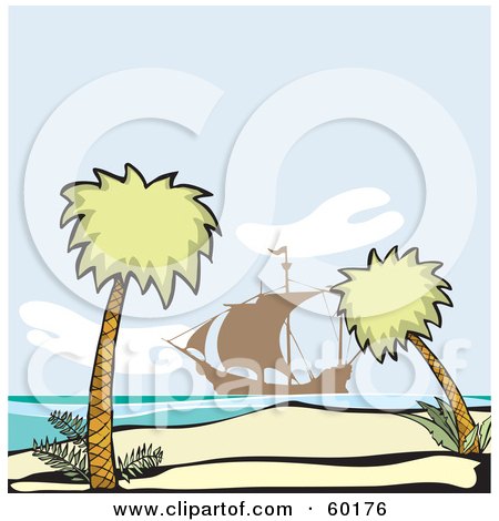 Royalty-Free (RF) Clipart Illustration of Two Palm Trees Framing An Ocean Scene With A Pirate Ship In The Distance by xunantunich