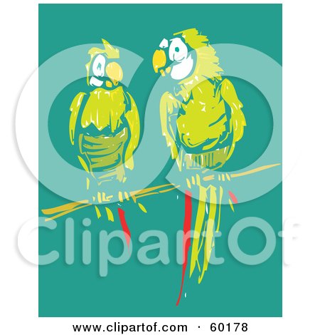 Royalty-Free (RF) Clipart Illustration of a Yellow Parrot Pair Perched On A Branch Over Teal by xunantunich