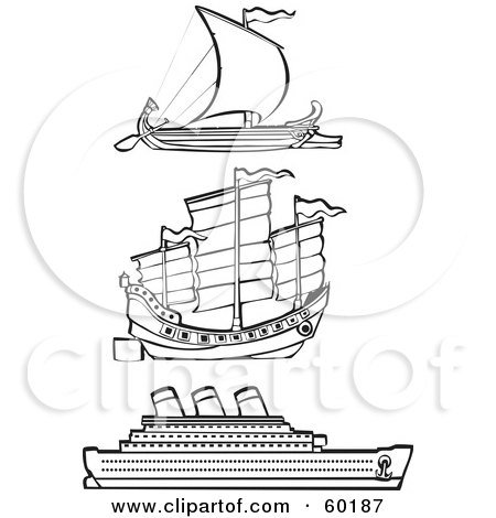 Royalty-Free (RF) Clipart Illustration of a Digital Collage Of Three Black And White Ships On White by xunantunich