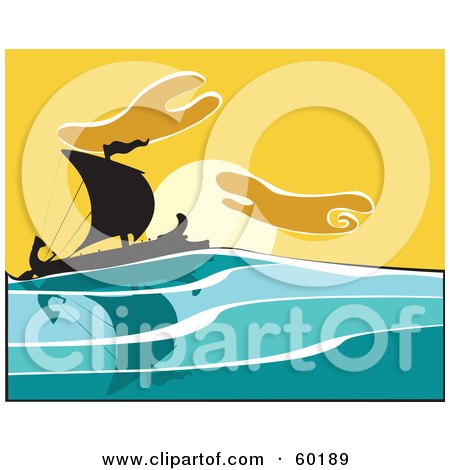 Royalty-Free (RF) Clipart Illustration of a Silhouetted Bireme Ship Sailing At Sunset by xunantunich