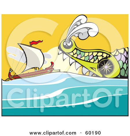 Royalty-Free (RF) Clipart Illustration of a Giant Sea Monster Swimming Towards A Bireme Ship by xunantunich