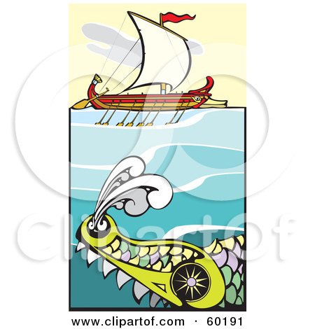 Royalty-Free (RF) Clipart Illustration of a Giant Sea Monster Swimming Near A Bireme Ship by xunantunich