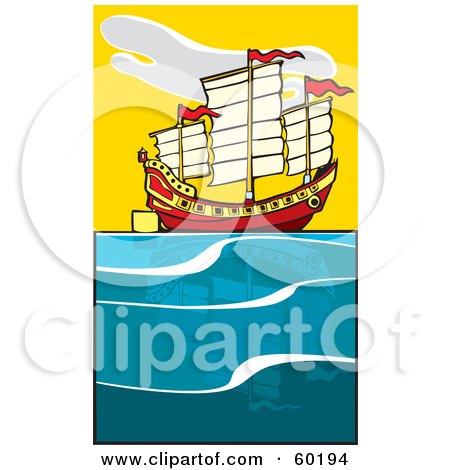 Royalty-Free (RF) Clipart Illustration of a Sailing Chinese Junk Ship by xunantunich