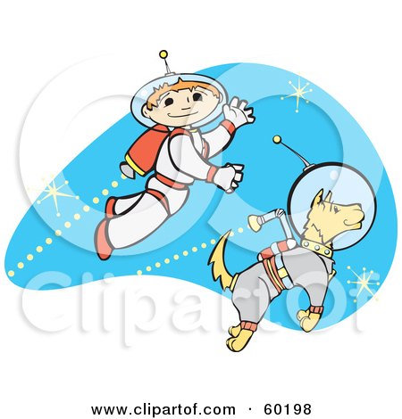 Royalty-Free (RF) Clipart Illustration of a Space Boy Using A Jet While Exploring The Universe With A Dog by xunantunich