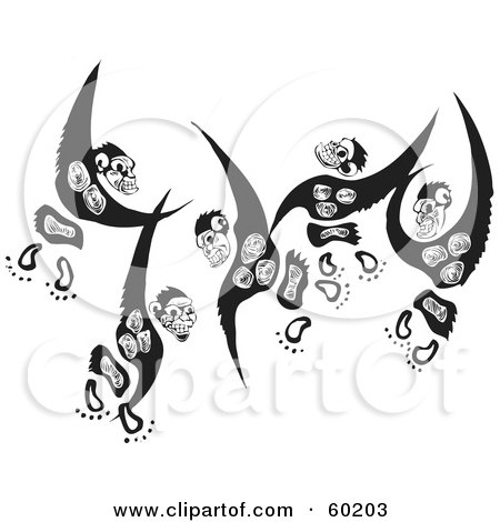Royalty-Free (RF) Clipart Illustration of Three Black And White Leaping Monkeys by xunantunich