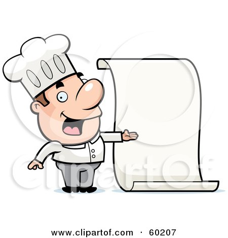 Royalty-Free (RF) Clipart Illustration of a John Man Character Chef Proudly Presenting A Blank Menu by Cory Thoman