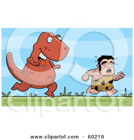 Royalty-Free (RF) Clipart Illustration of a Stalky Caveman Character Being Chased By A Big Dinosaur by Cory Thoman