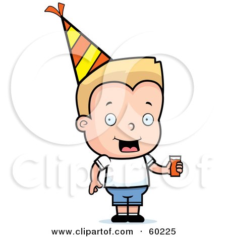 Royalty-Free (RF) Clipart Illustration of a Blond Johnny Boy Character Holding A Soda And Wearing A Party Hat by Cory Thoman
