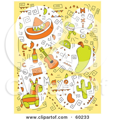 Royalty-Free (RF) Clipart Illustration of a Yellow Cinco De Mayo Doodle Background Of Hats, Guitars, Pinatas And Festive Items by Cory Thoman