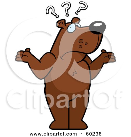 Royalty-Free (RF) Clipart Illustration of a Confused Bear Character Shrugging With Three Question Marks Over His Head by Cory Thoman