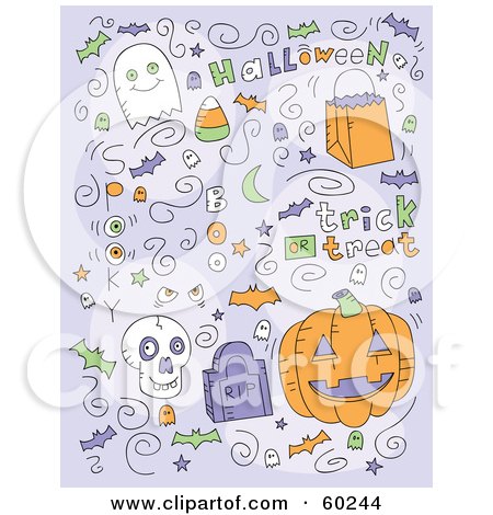 Royalty-Free (RF) Clipart Illustration of a Purple Halloween Doodle Background Of Ghosts, Bats, Skulls, Candy And Pumpkins by Cory Thoman