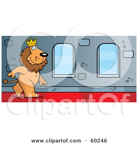 Royalty-Free (RF) Clipart Illustration of a King Lion Character Walking Down A Hallway In A Castle by Cory Thoman