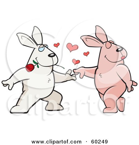 Royalty-Free (RF) Clipart Illustration of an Amorous Rabbit Character Biting A Rose And Dancing With A Female by Cory Thoman