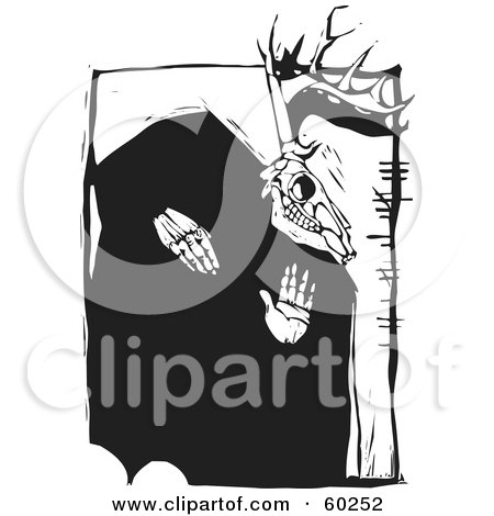 Royalty-Free (RF) Clipart Illustration of a Woodcut Styled Pagan Deer Skull With Irish Ogham Writing, Black And White by xunantunich