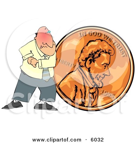 Cheapskate Businessman Pushing a Copper Penny Clipart Picture by djart