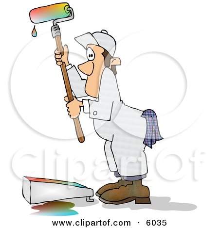 Man Using a Roller Brush to Paint a Wall With Colorful Paint Clipart by djart