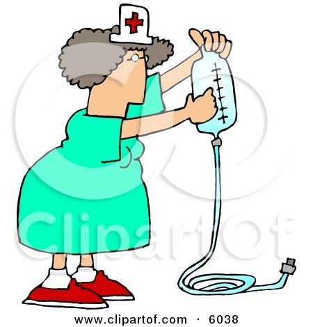 Nurse Checking an Intravenous Drip's Pre-filled, Sterile Plastic Bag Clipart Picture by djart