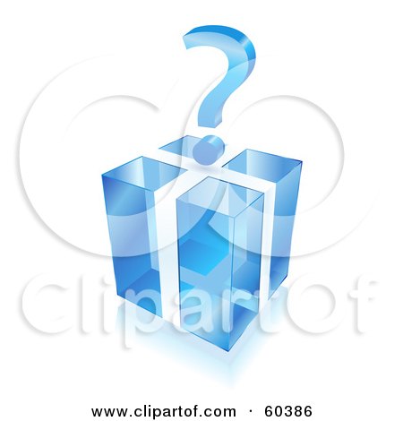 Royalty-Free (RF) Clipart Illustration of a 3d Question Mark Over A Transparent Blue Cube Gift Box by Oligo