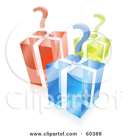 Royalty-Free (RF) Clipart Illustration of 3d Question Marks Over Transparent Blue, Green And Red Cube Gift Boxes by Oligo