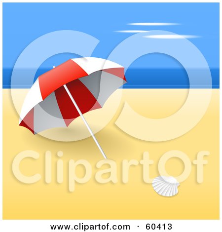 Royalty-Free (RF) Clipart Illustration of a Shell On The Beach Near A Red Umbrella by Oligo