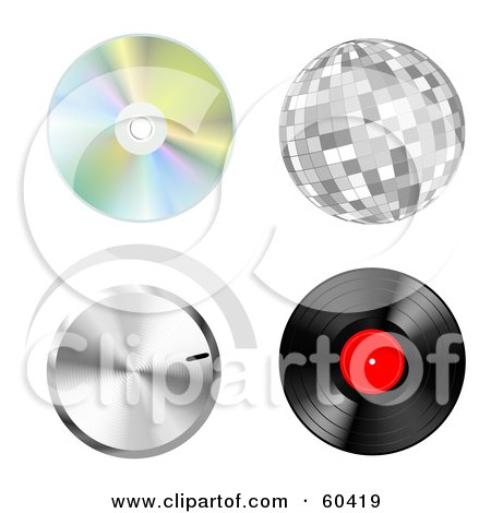 Royalty-Free (RF) Clipart Illustration of a Digital Collage Of Music Items; Cd, Disco Ball, Volume Dial, Vinyl Record by Oligo
